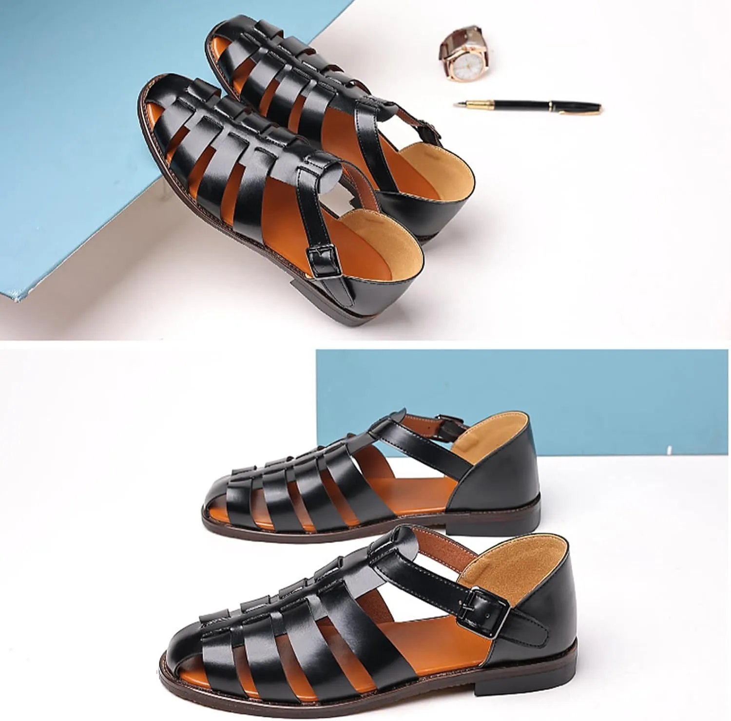 Men's Leather Roman Fisherman Sandals with Adjustable Buckle Closed Toe Summer Beach Non-Slip Comfortable Casual Walking Sandals Daily Slippers Sandals