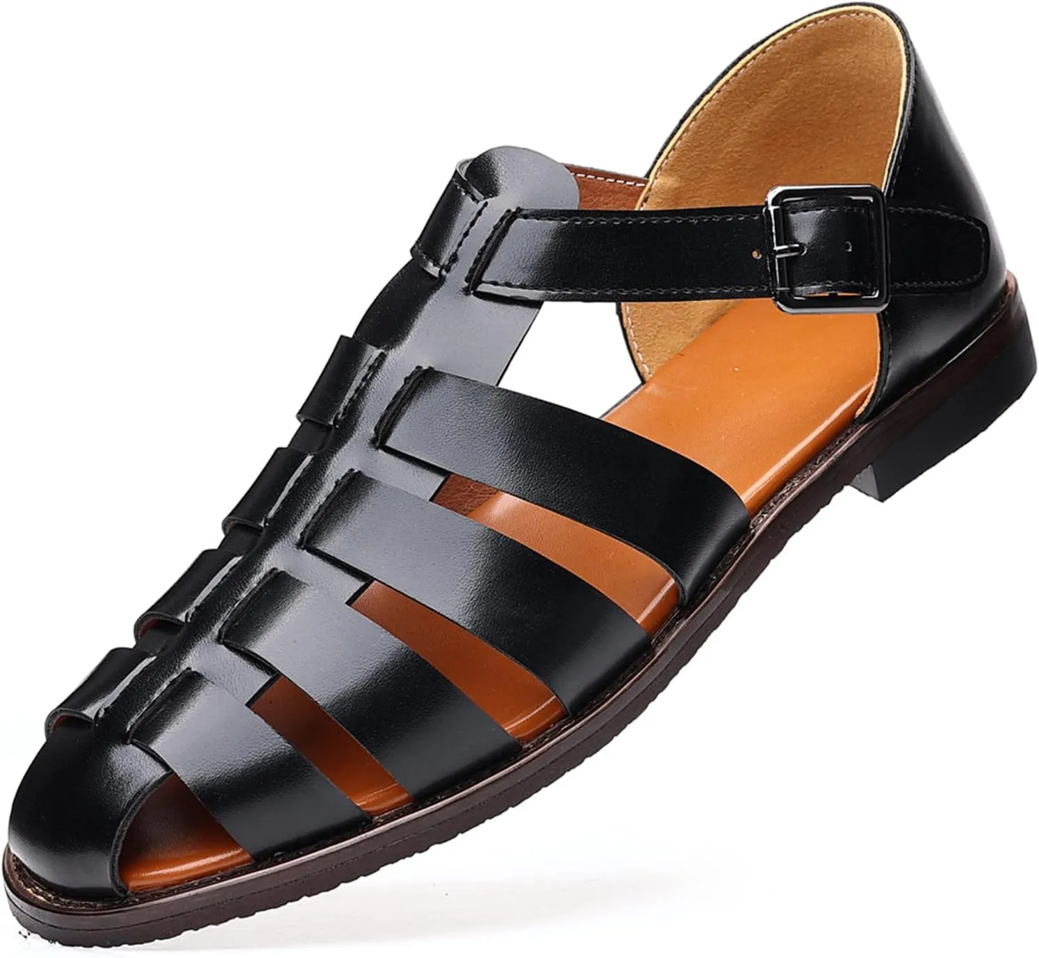 Men's Leather Roman Fisherman Sandals with Adjustable Buckle Closed Toe Summer Beach Non-Slip Comfortable Casual Walking Sandals Daily Slippers Sandals