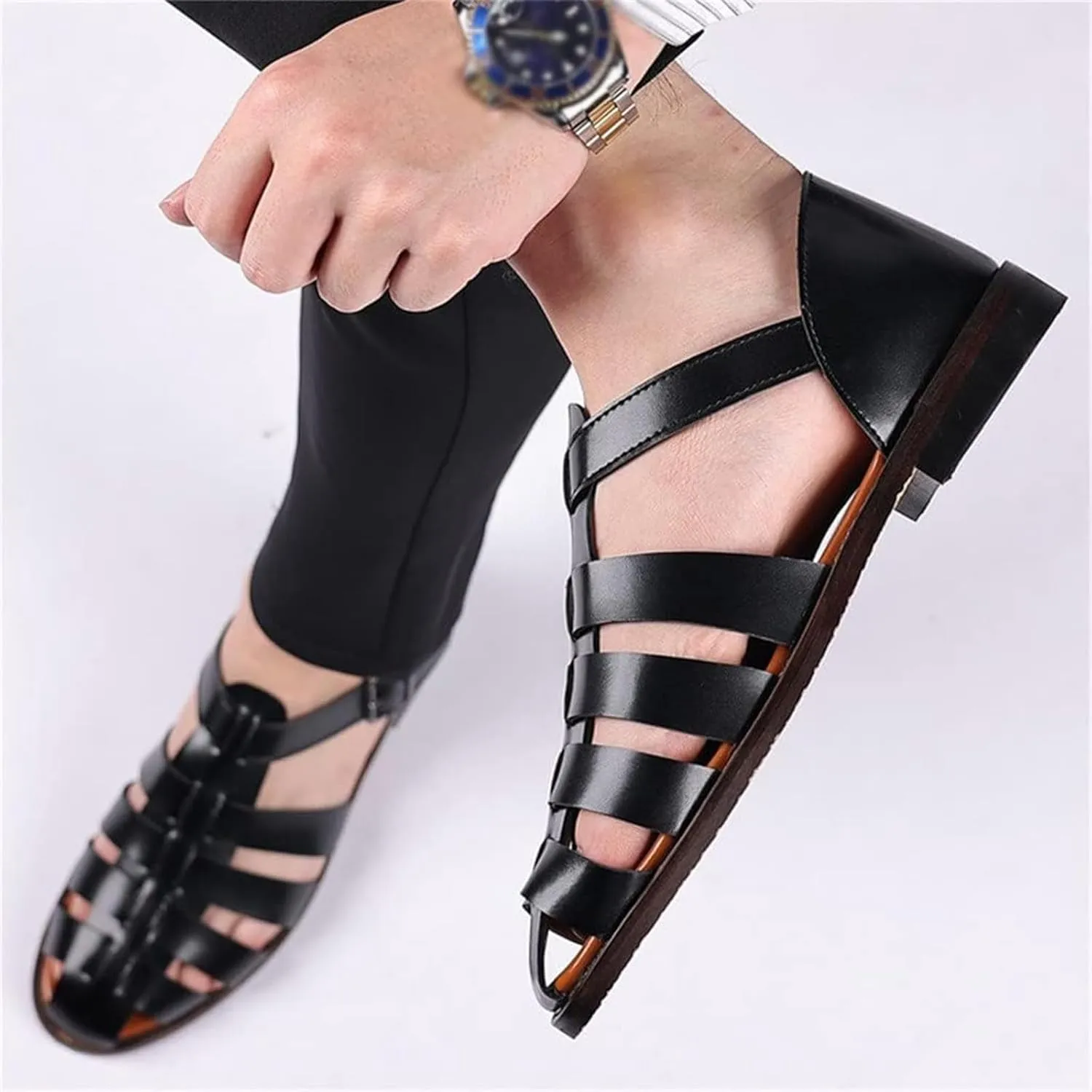 Men's Leather Roman Fisherman Sandals with Adjustable Buckle Closed Toe Summer Beach Non-Slip Comfortable Casual Walking Sandals Daily Slippers Sandals
