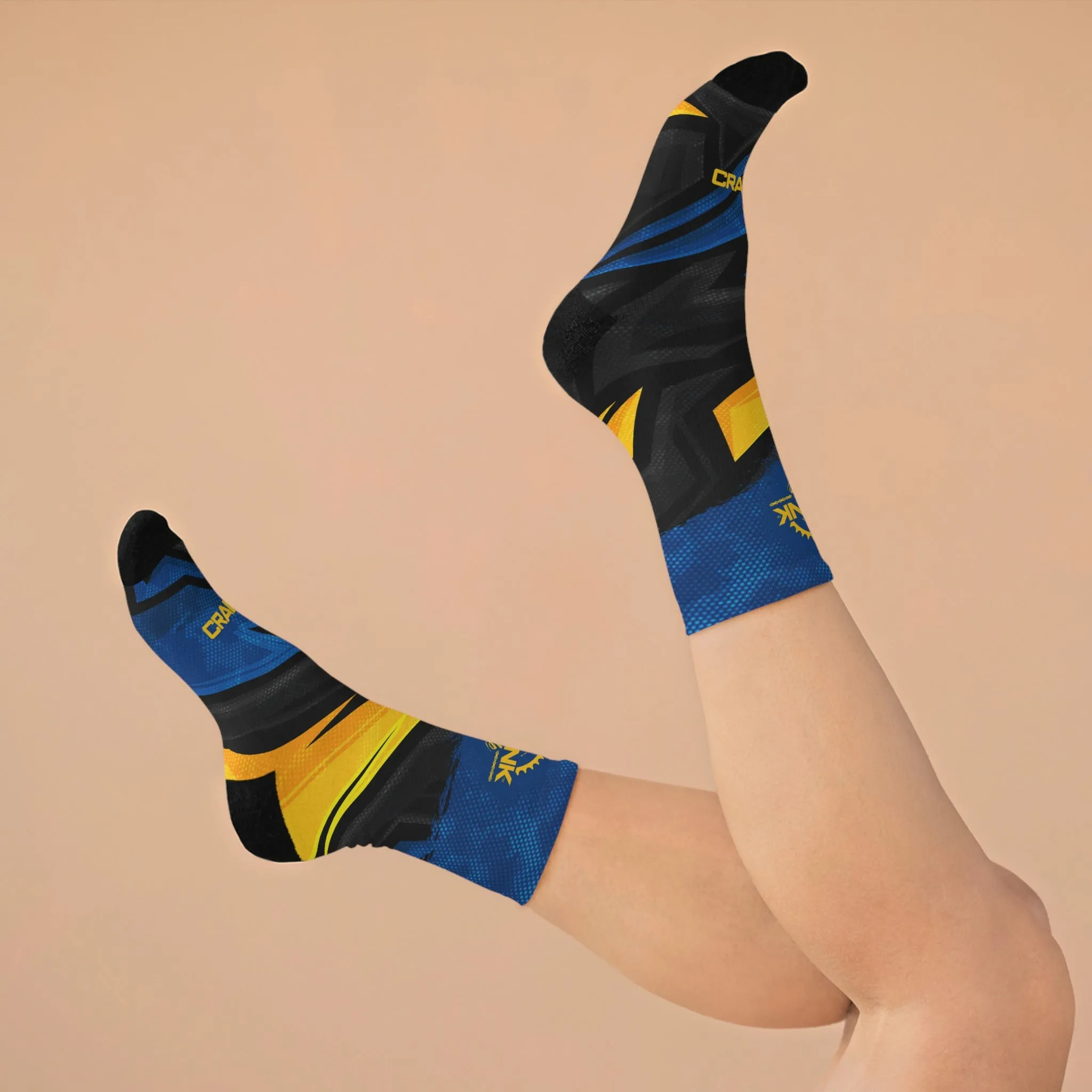 Unisex Blue, Gold, & Black Racing 3/4 MTB Socks